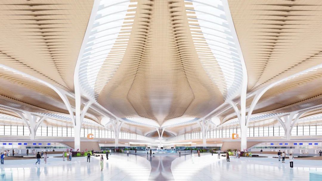Eastern Hub terminal interior with lattice roof structure Intérieur du terminal Eastern Hub avec structure de toit en treillis