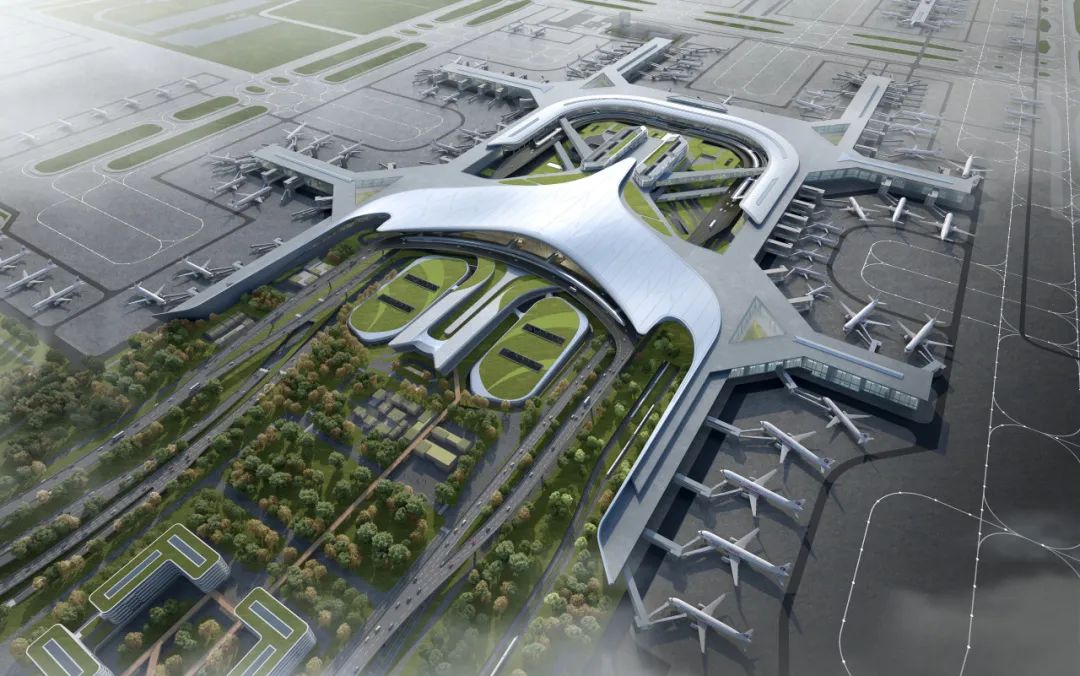 Airport terminal aerial view with aircraft at gates Vue aérienne du terminal de l'aéroport avec des avions aux portes