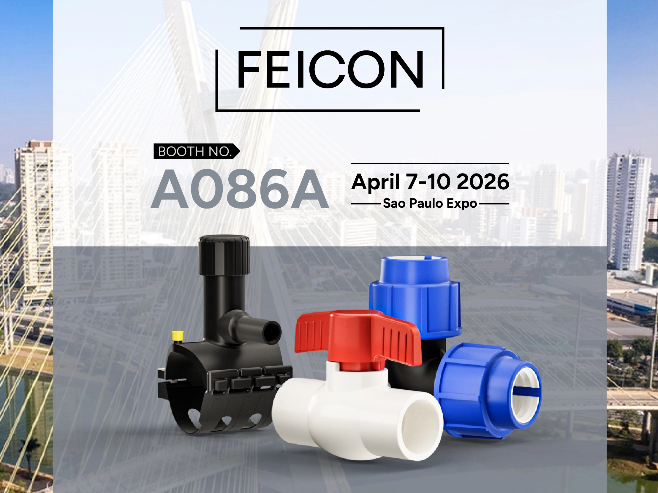 RA Piping at FEICON 2026 São Paulo Expo, Booth A086A, showcasing PVC valves, CPVC D2846 fittings and PP compression fittings for Latin American plumbing projects_2216_1662.jpg