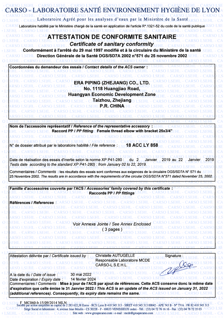 RACCORDS À COMPRESSION PP CERTIFICAT ACS