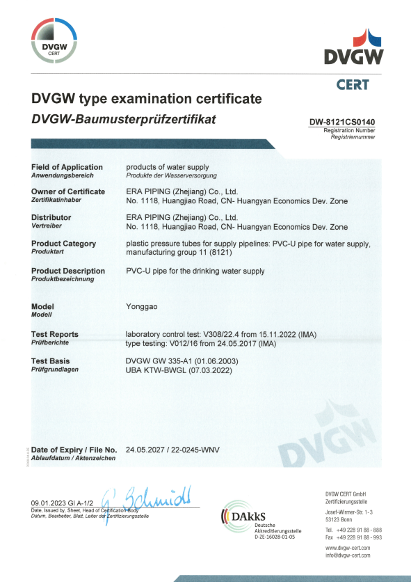Groupe de tuyaux ERA-PVC U 11-jusqu'à 63 mm-DVGW证书-DW-8121CS0140